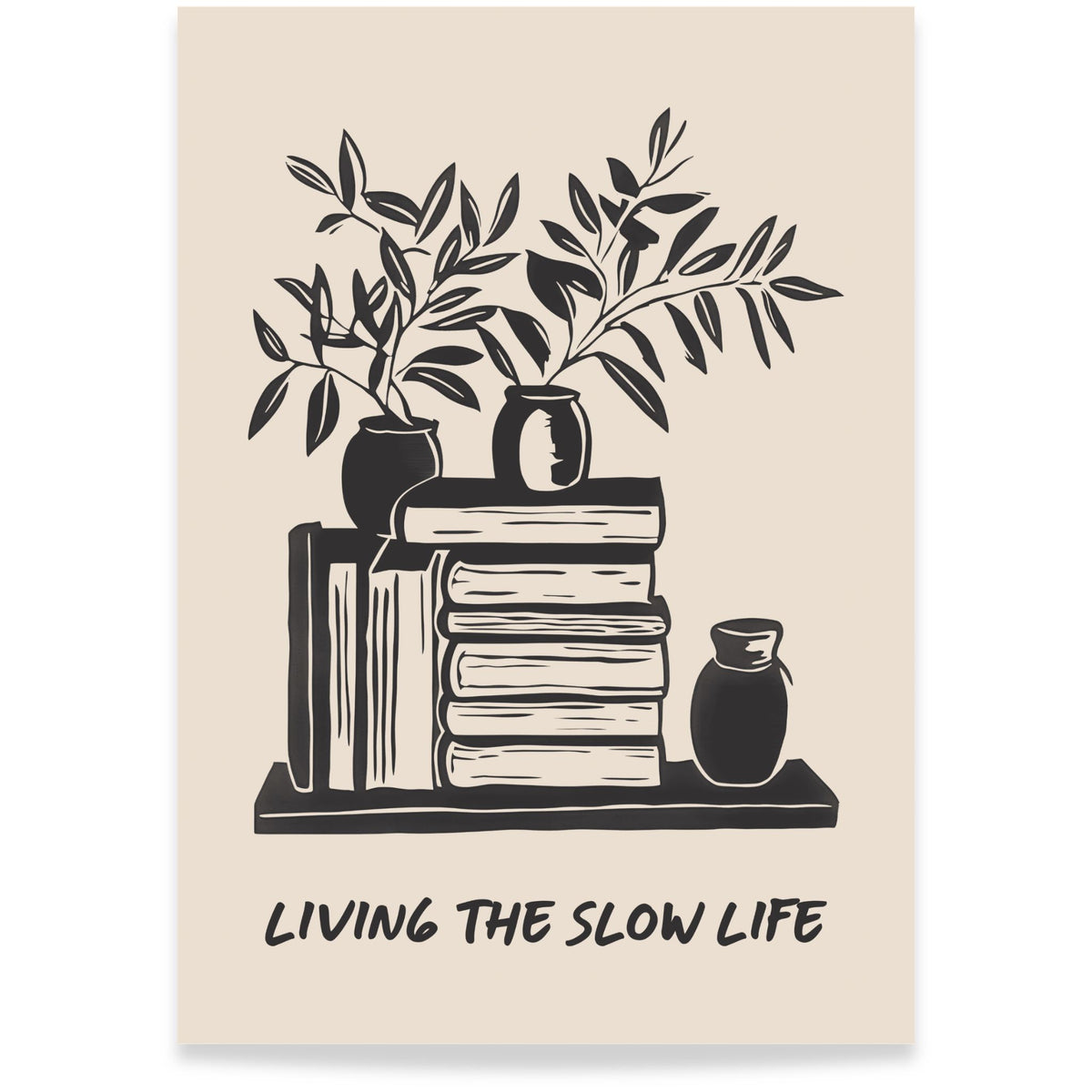 The Slow Reader kunstplakat med bøker, grønne grener og teksten Living the Slow Life