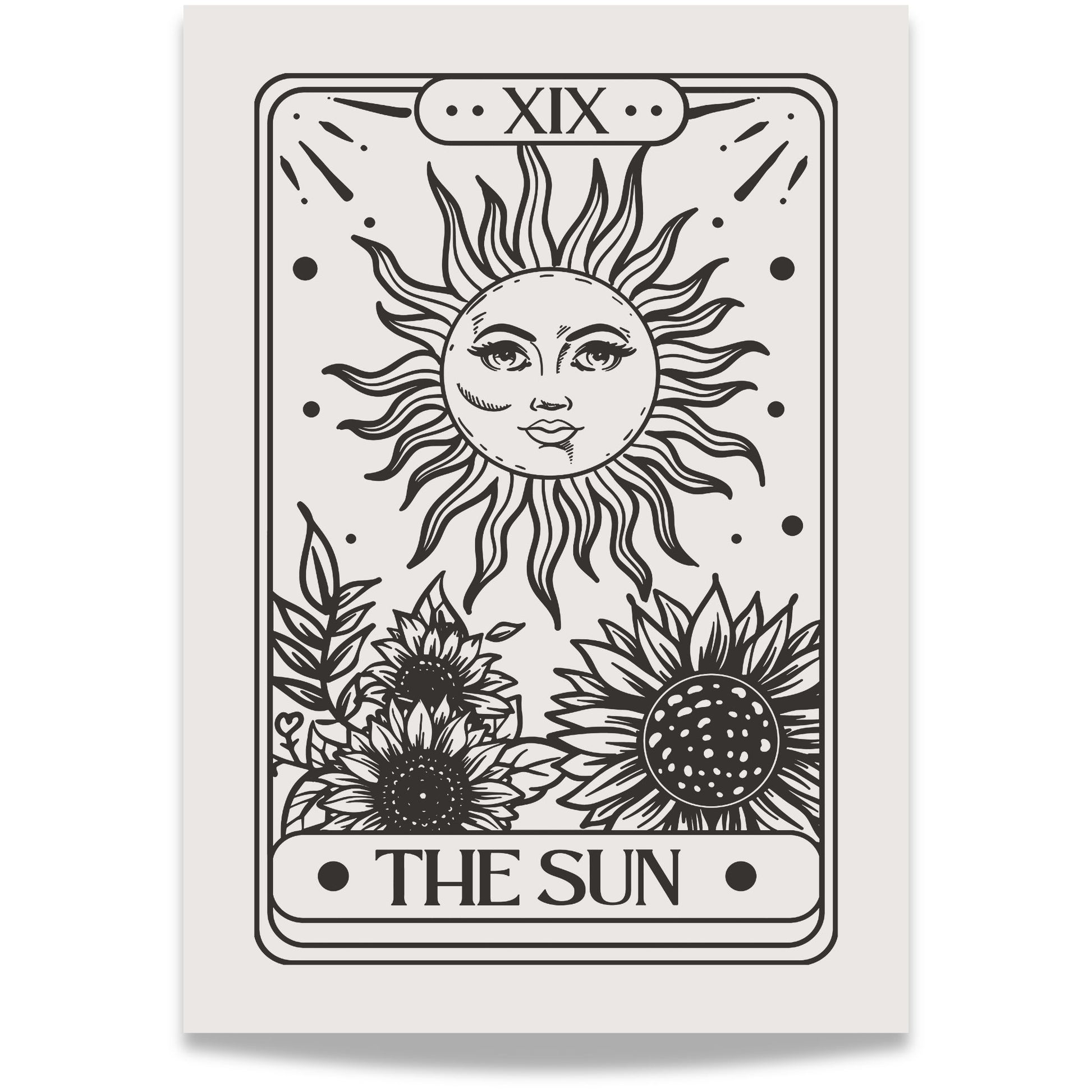 Svart/hvit kunstplakat med stilisert solmotiv inspirert av tarotkort