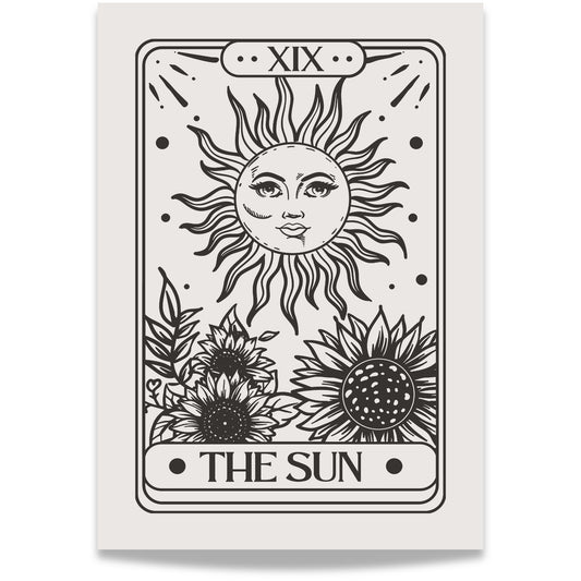 Svart/hvit kunstplakat med stilisert solmotiv inspirert av tarotkort