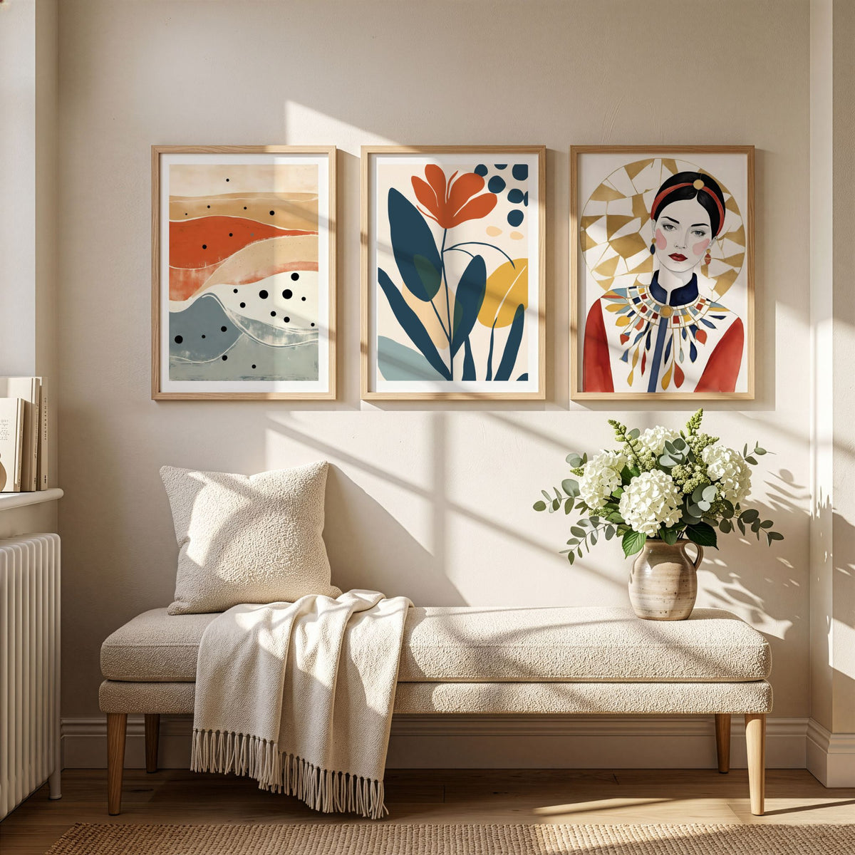 Tidløs Harmoni trio med Desert Waves, Flourish og Golden Muse i eikerammer over lys benk