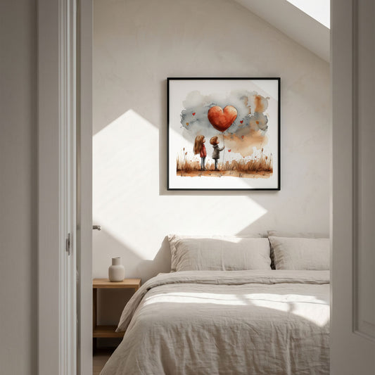 Kvadratisk hjerteplakat med to barn og ballong i lyst soverom