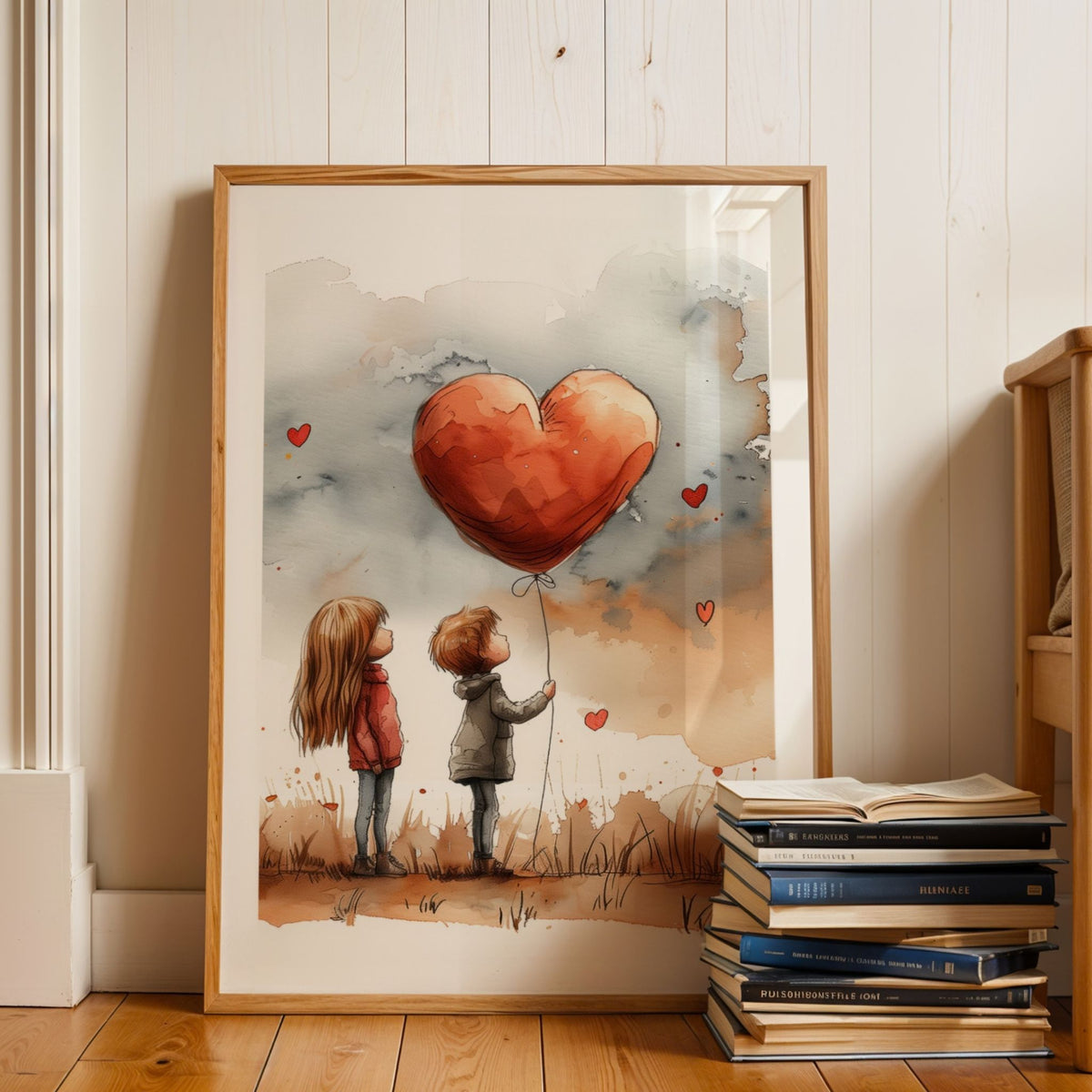 Akvarellplakat med to barn og hjerteballong i varm nordisk innredning