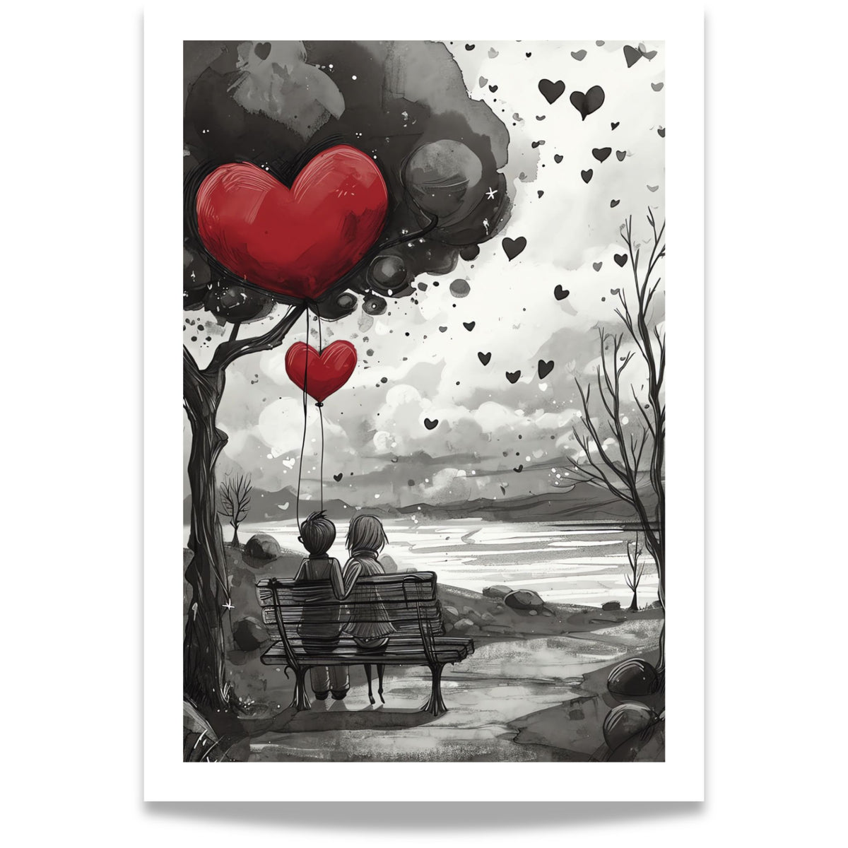 Together hjerteplakat med par på benk og røde hjerteballonger. Format 40x50.