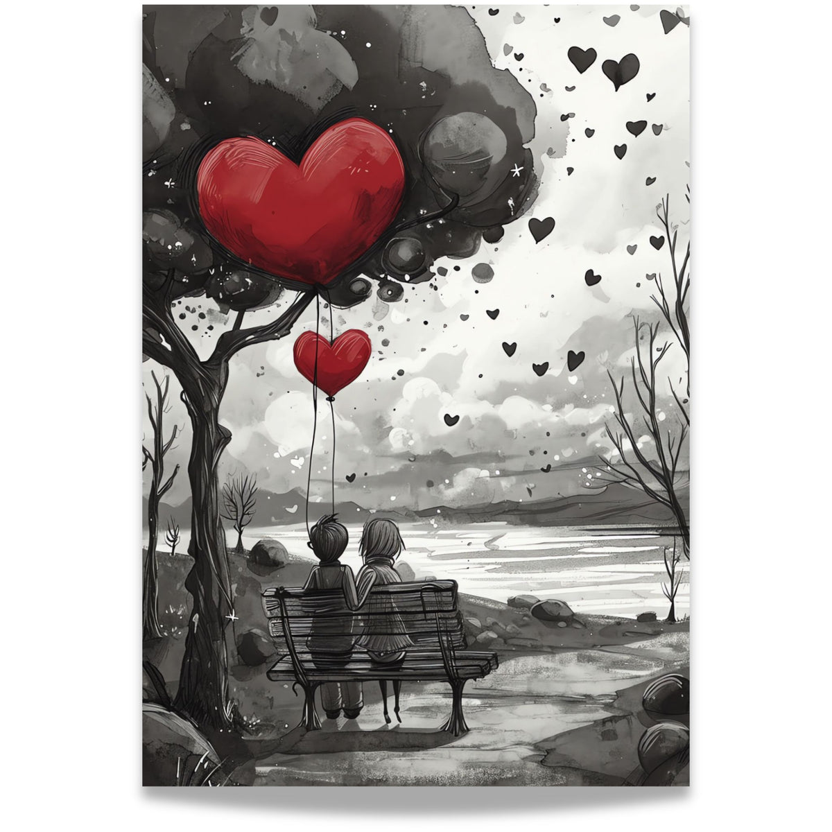 Together hjerteplakat med par på benk og røde hjerteballonger. Format 21x30 uten kant.