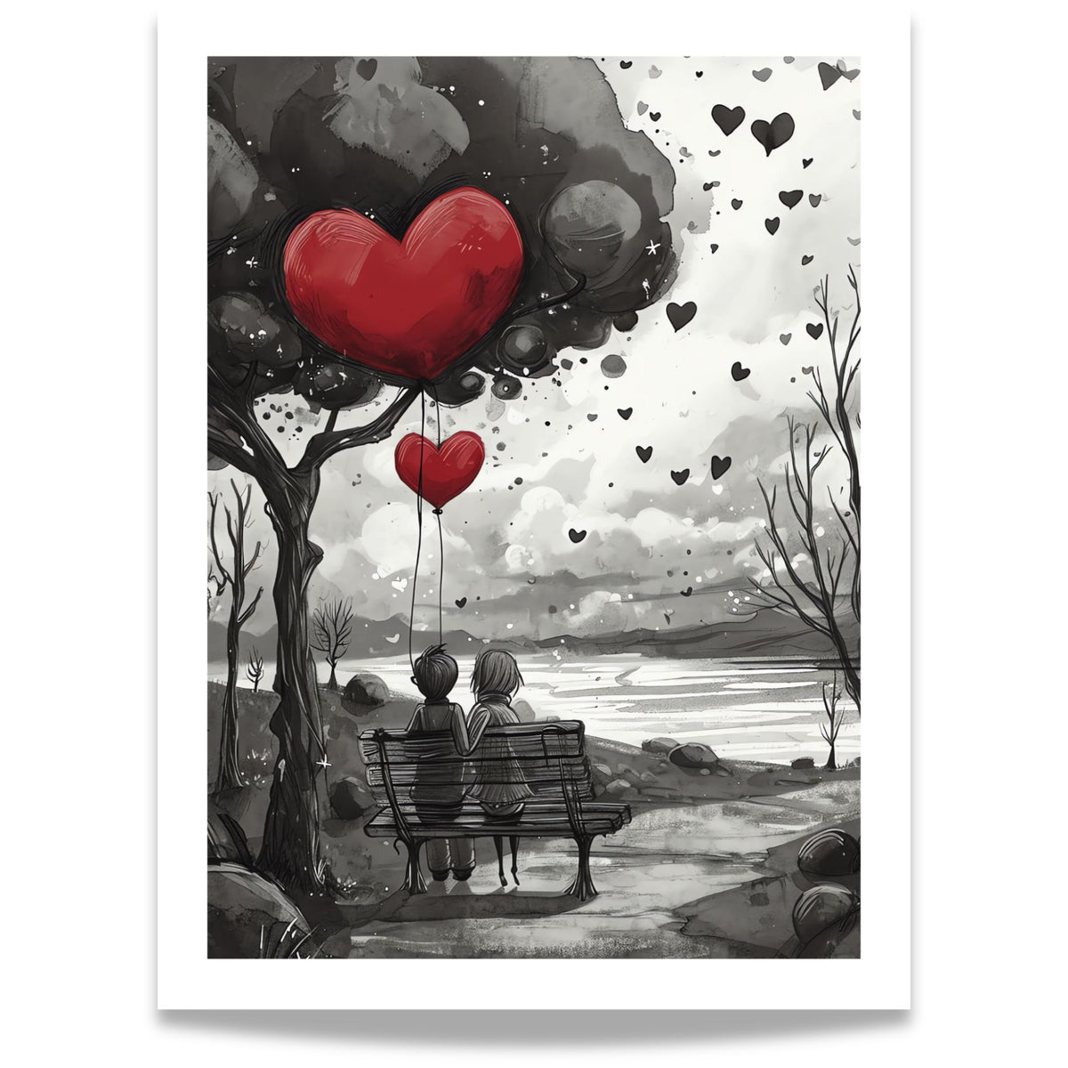 Together hjerteplakat med par på benk og røde hjerteballonger. Format 30x40.