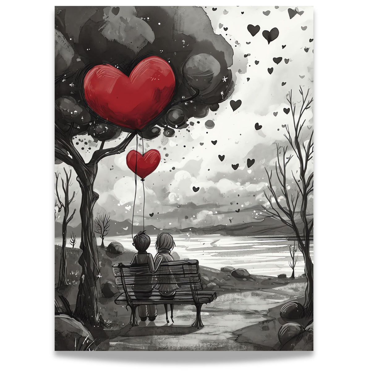Together hjerteplakat med par på benk og røde hjerteballonger. Format 30x40 uten kant.