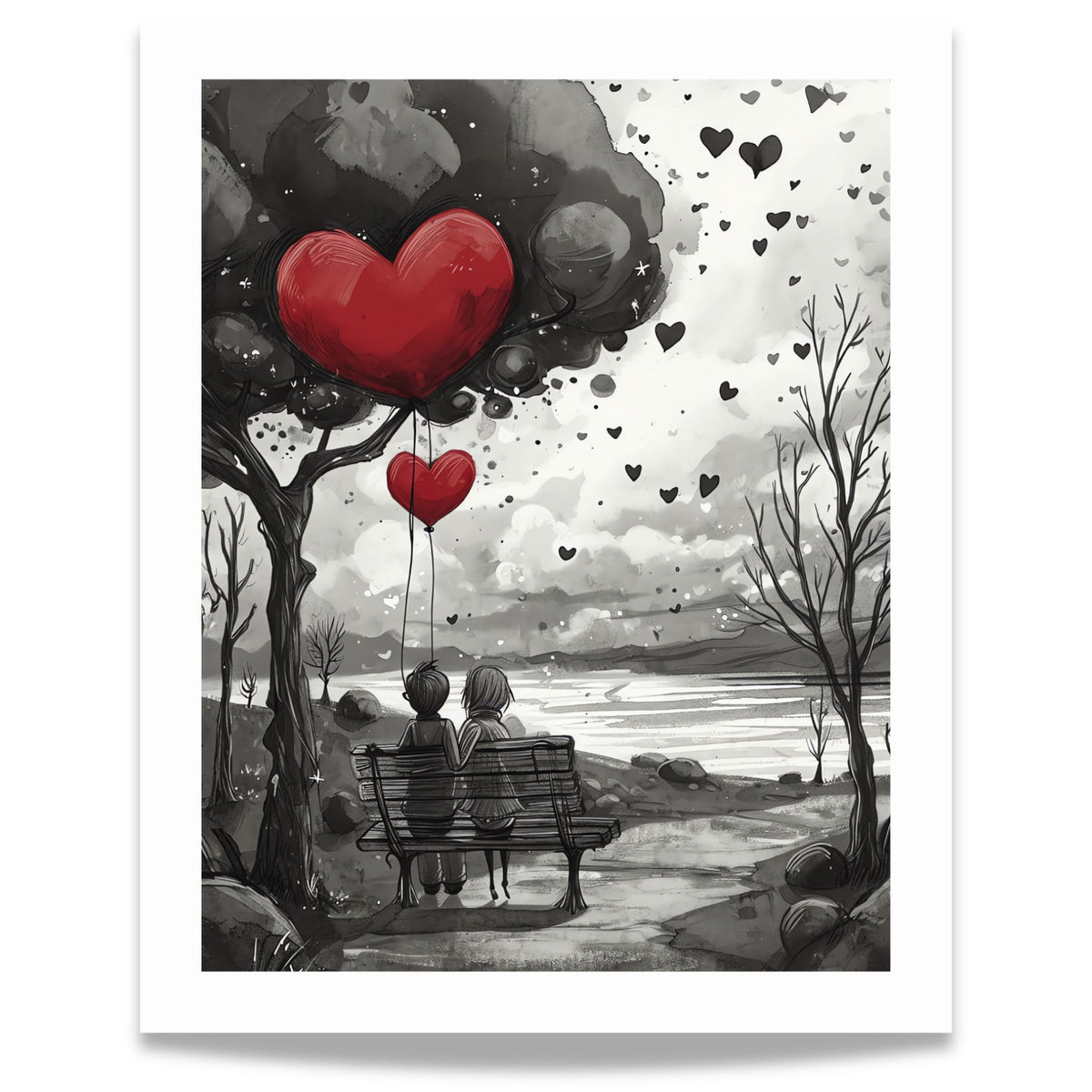 Together hjerteplakat med par på benk og røde hjerteballonger. Format 40x50.