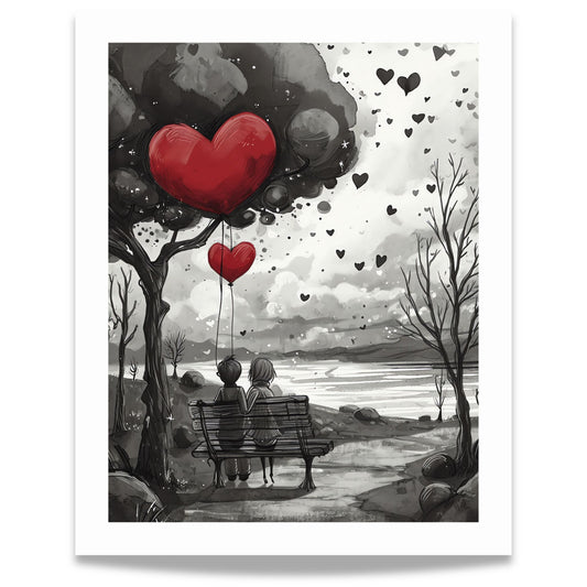 Together hjerteplakat med par på benk og røde hjerteballonger. Format 40x50.