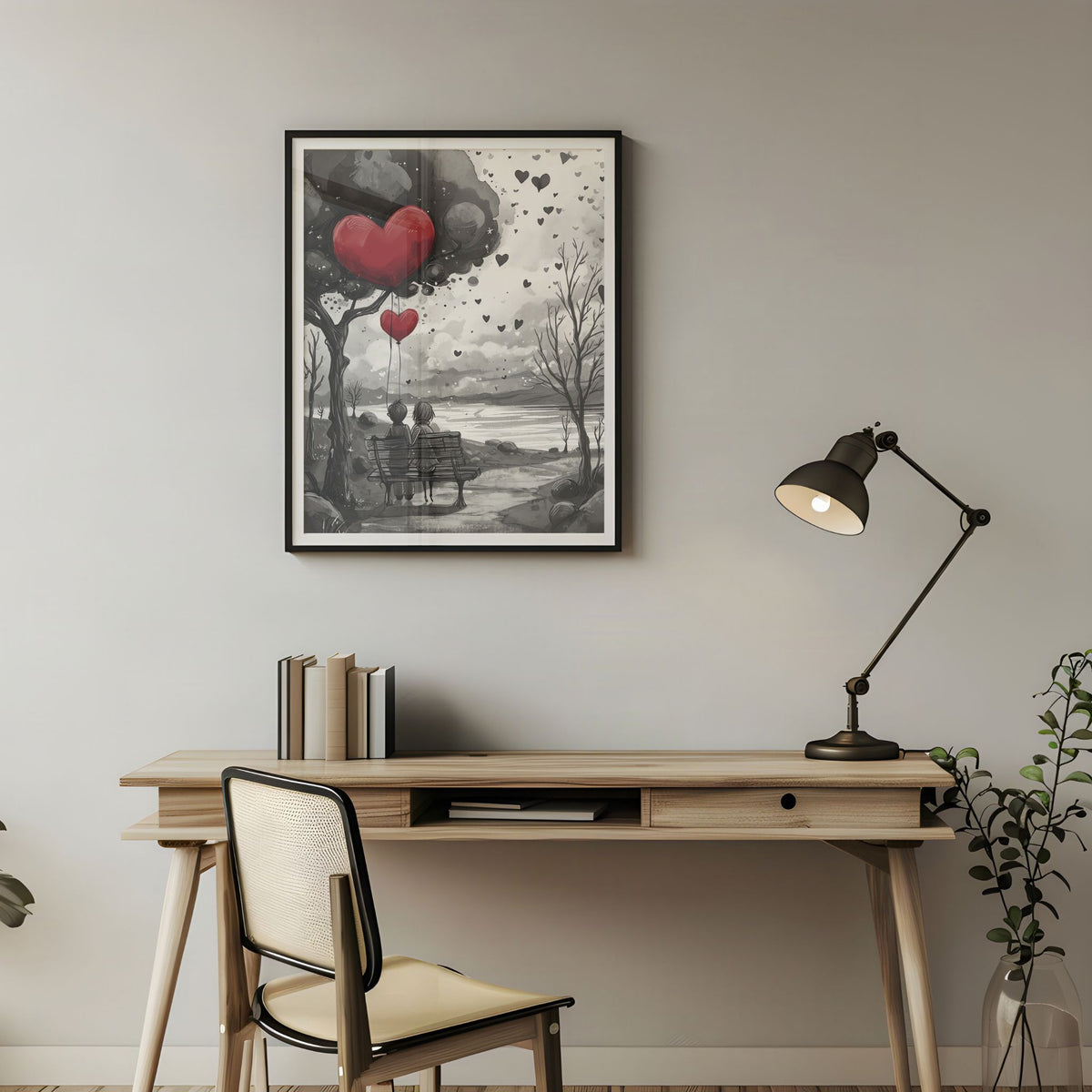 Together hjerteplakat med røde hjerter i sort ramme over skrivebord