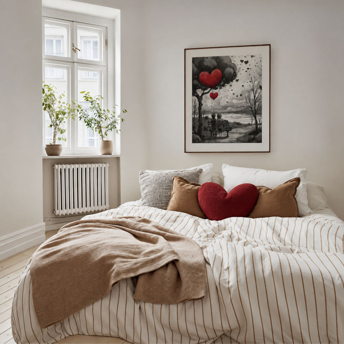 Together hjerteplakat med par og røde hjerter i lyst soverom