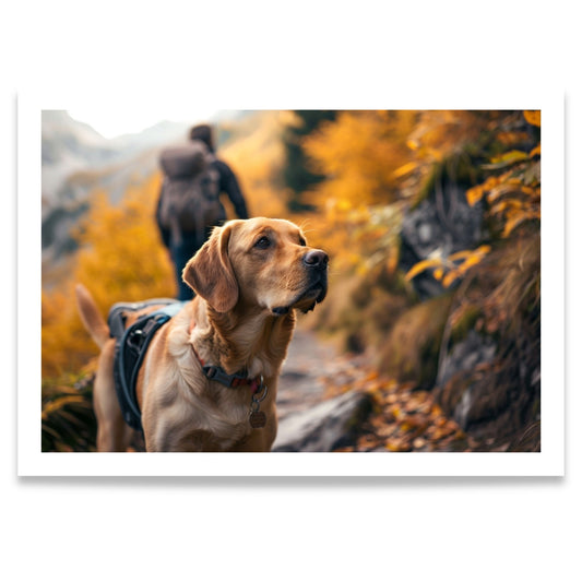 Trail Companion jakt- og villmarksmotiv med retriever på skogssti i gyllent høstlandskap.
