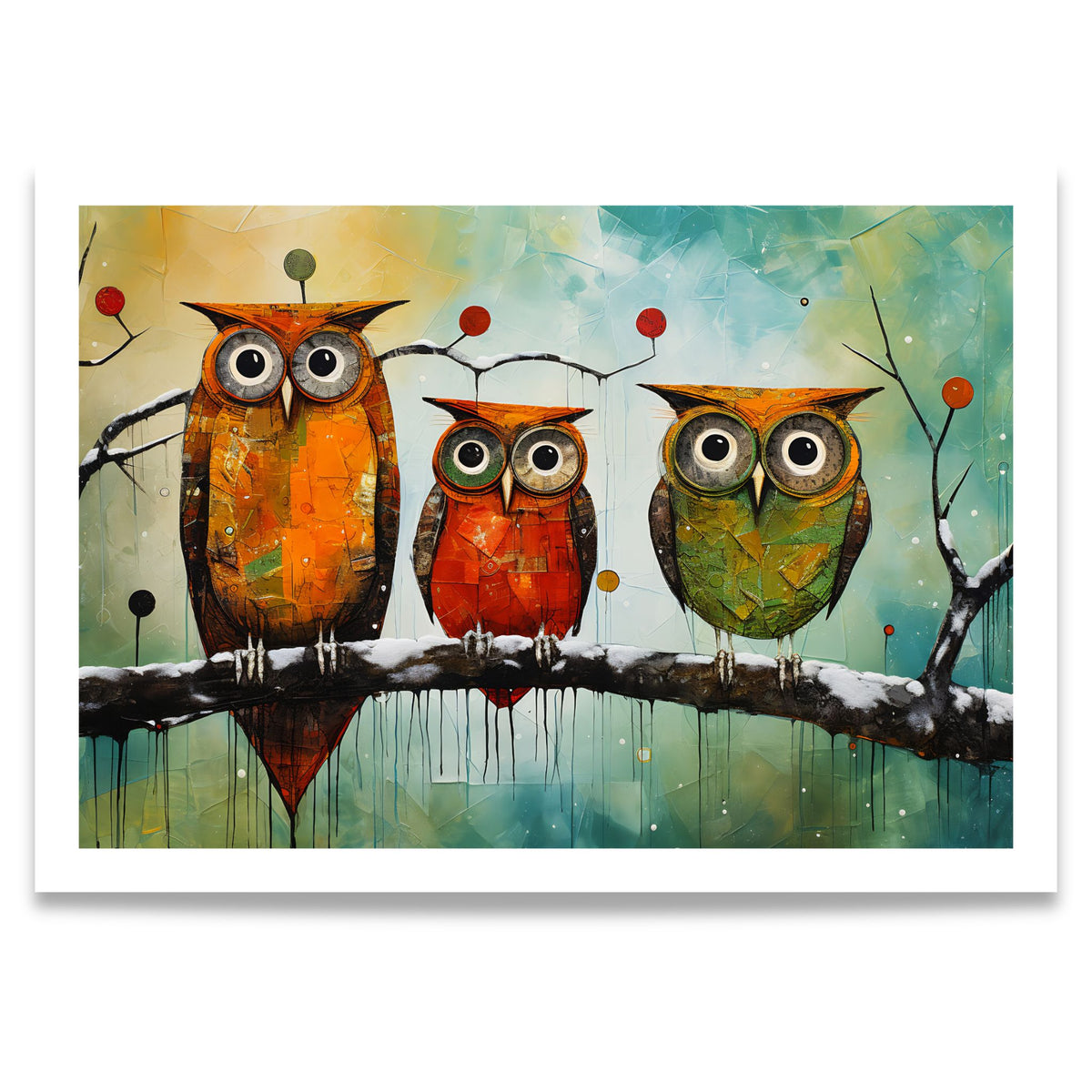 Fargerik kunstplakat med tre ugler i oransje, rødt og grønt på en snødekt gren mot turkis bakgrunn