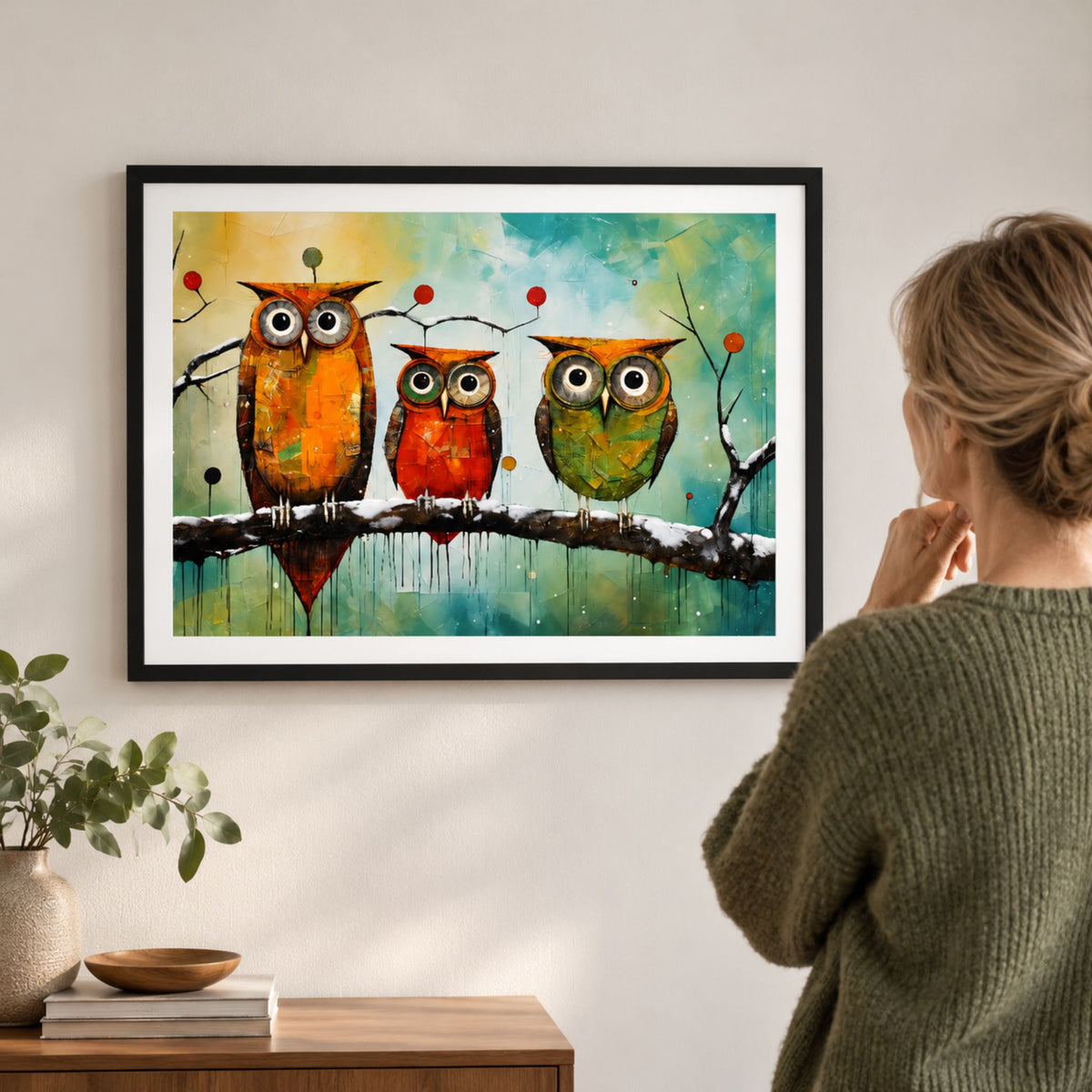 Kvinne betrakter fargerik kunstplakat med tre ugler i sort ramme på lys vegg