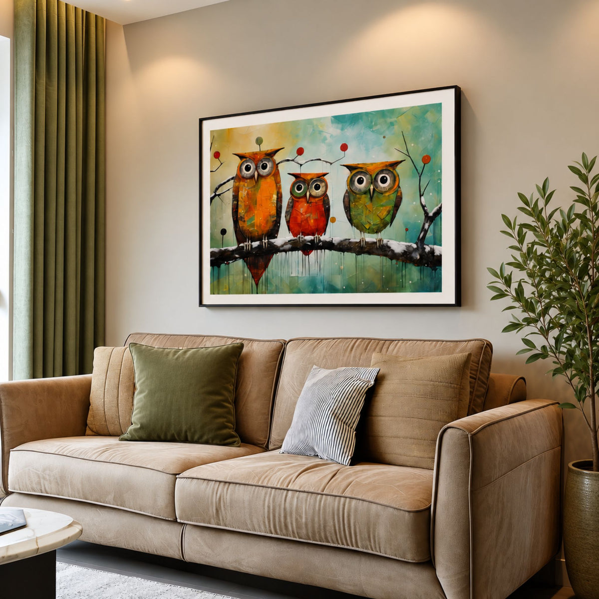 Tre ugler på en gren som innrammet kunstplakat over beige sofa med grønne interiørdetaljer