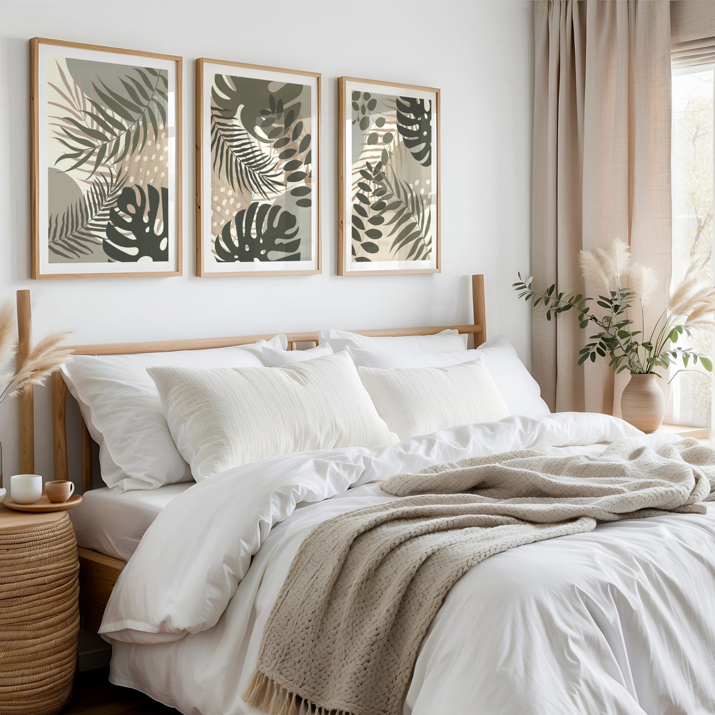 Tropical Layers Trio med Palm Whisper, Tropical Rhythm og Layered Tropics i eikerammer over seng