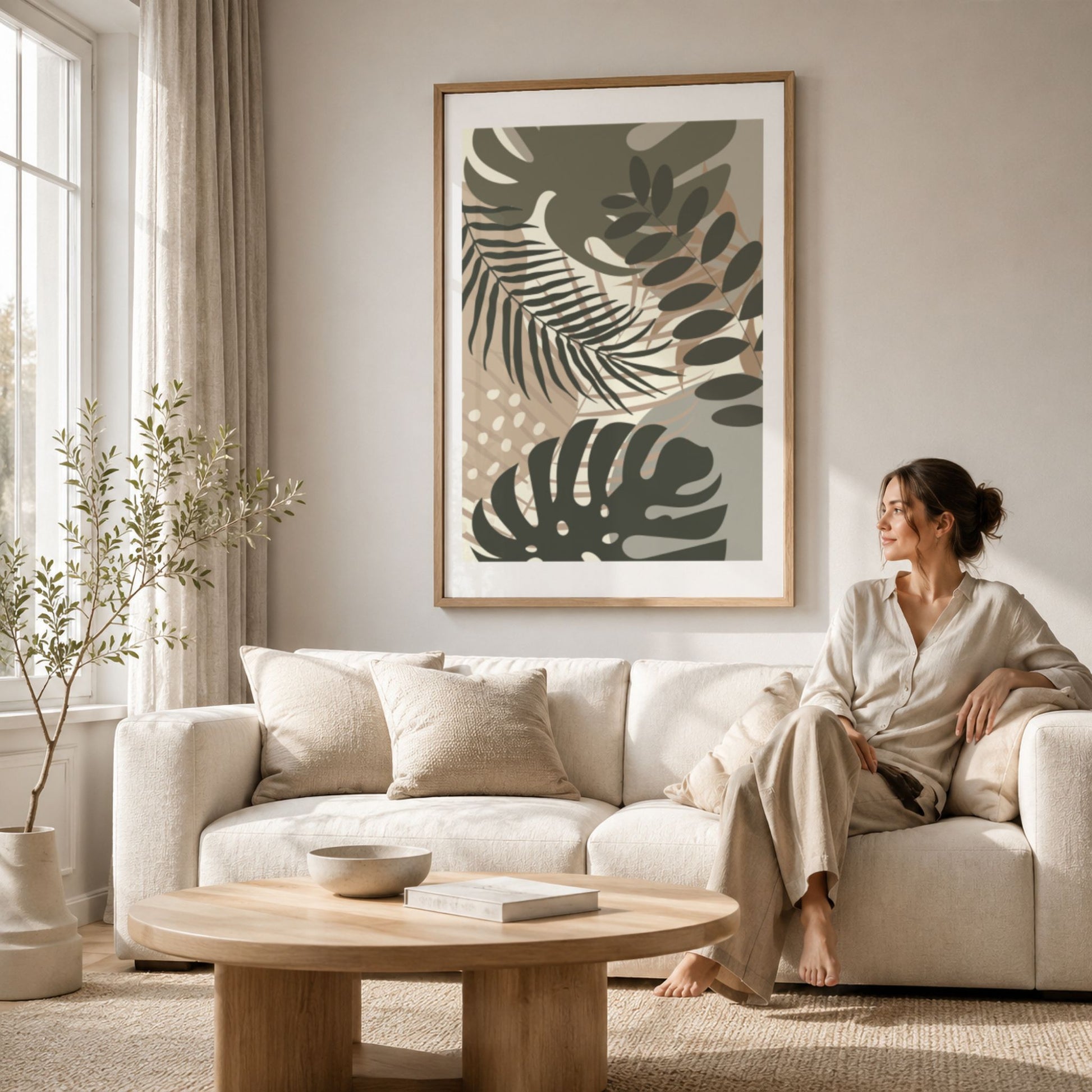 Tropical Rhythm grafisk botanisk plakat i eikeramme over lys sofa i stue