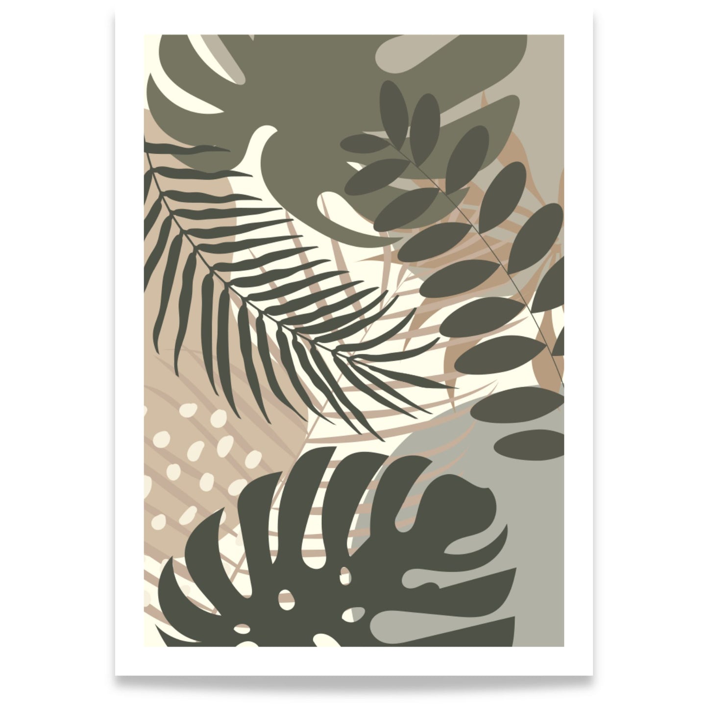 Tropical Rhythm grafisk plakat med tropiske blader i grønne, beige og dempede gråtoner