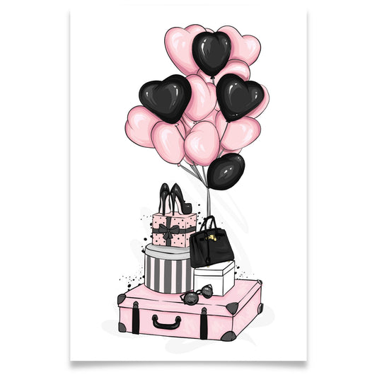 Valentineskort med rosa og sorte hjerteballonger, gaver, høye hæler og veske i et stilrent og feminint design.