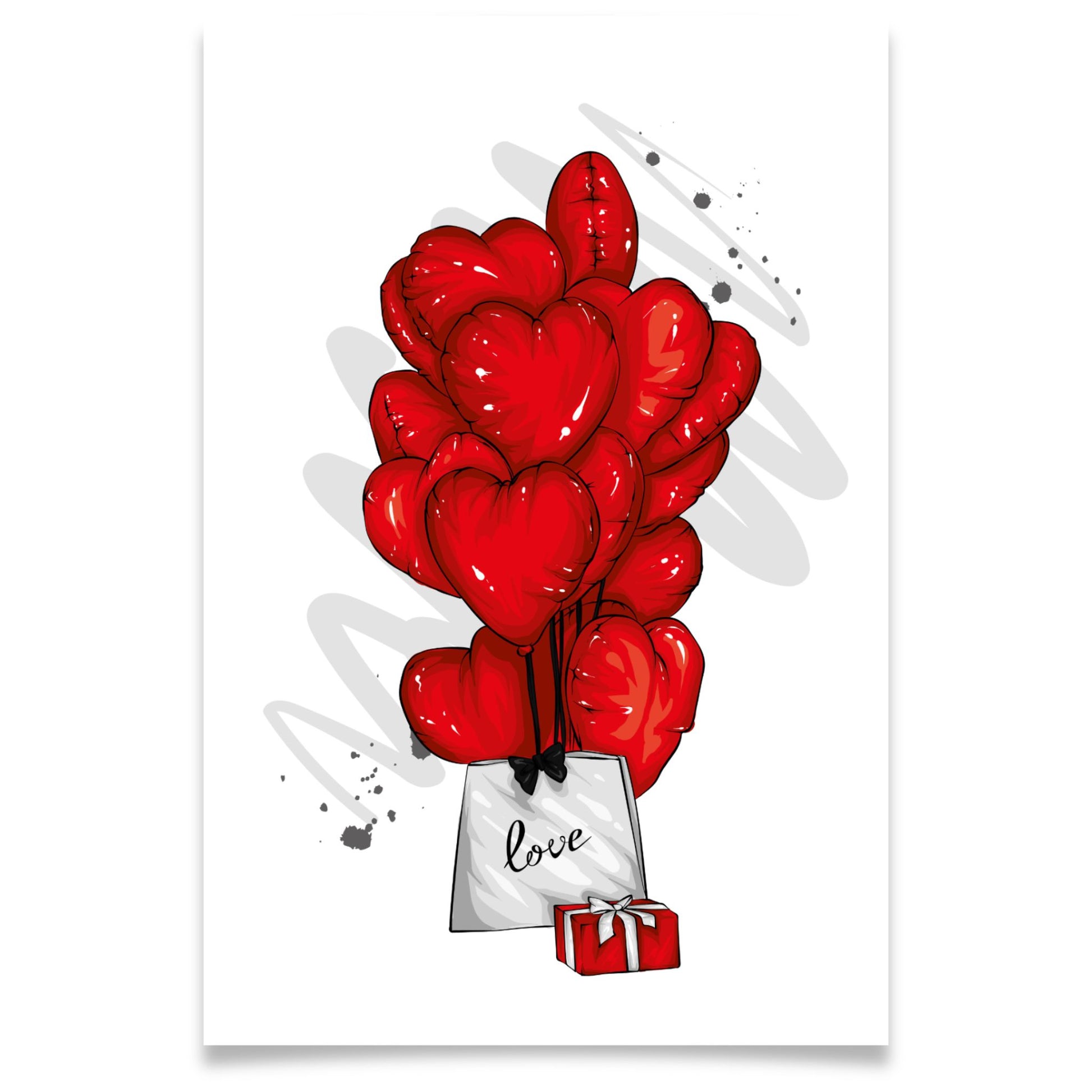 Romantisk valentineskort med røde hjerteballonger, gave og pose med teksten love, symbol på kjærlighet og omtanke.
