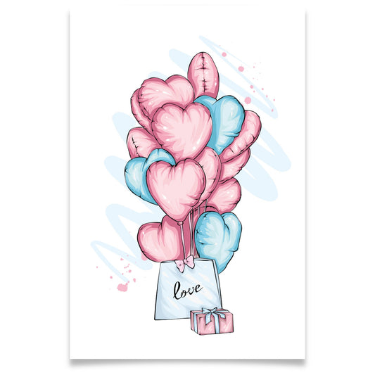 Valentineskort med hjerteballonger i rosa og blå toner, gave og pose med teksten love, lett og romantisk stil.
