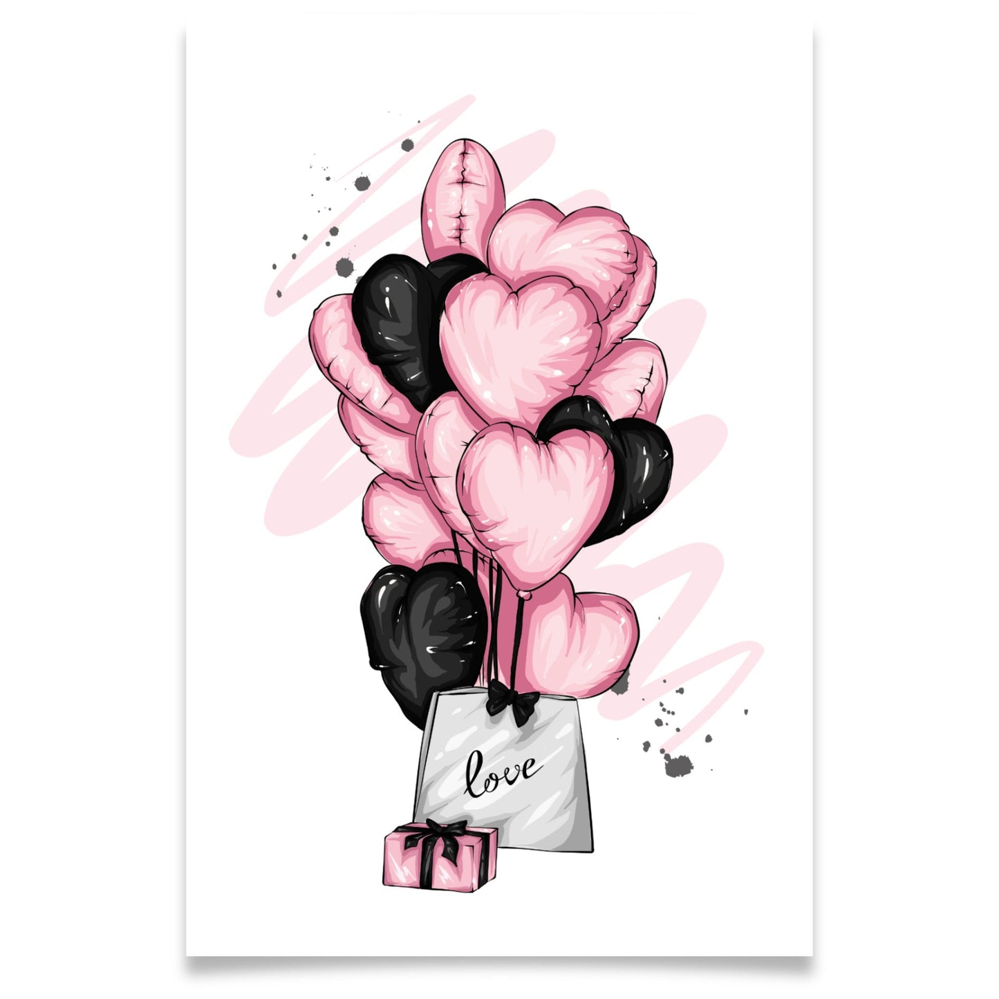 Illustrasjon av valentineskort med rosa og sorte hjerteballonger, gave og pose merket love, moderne og elegant uttrykk.