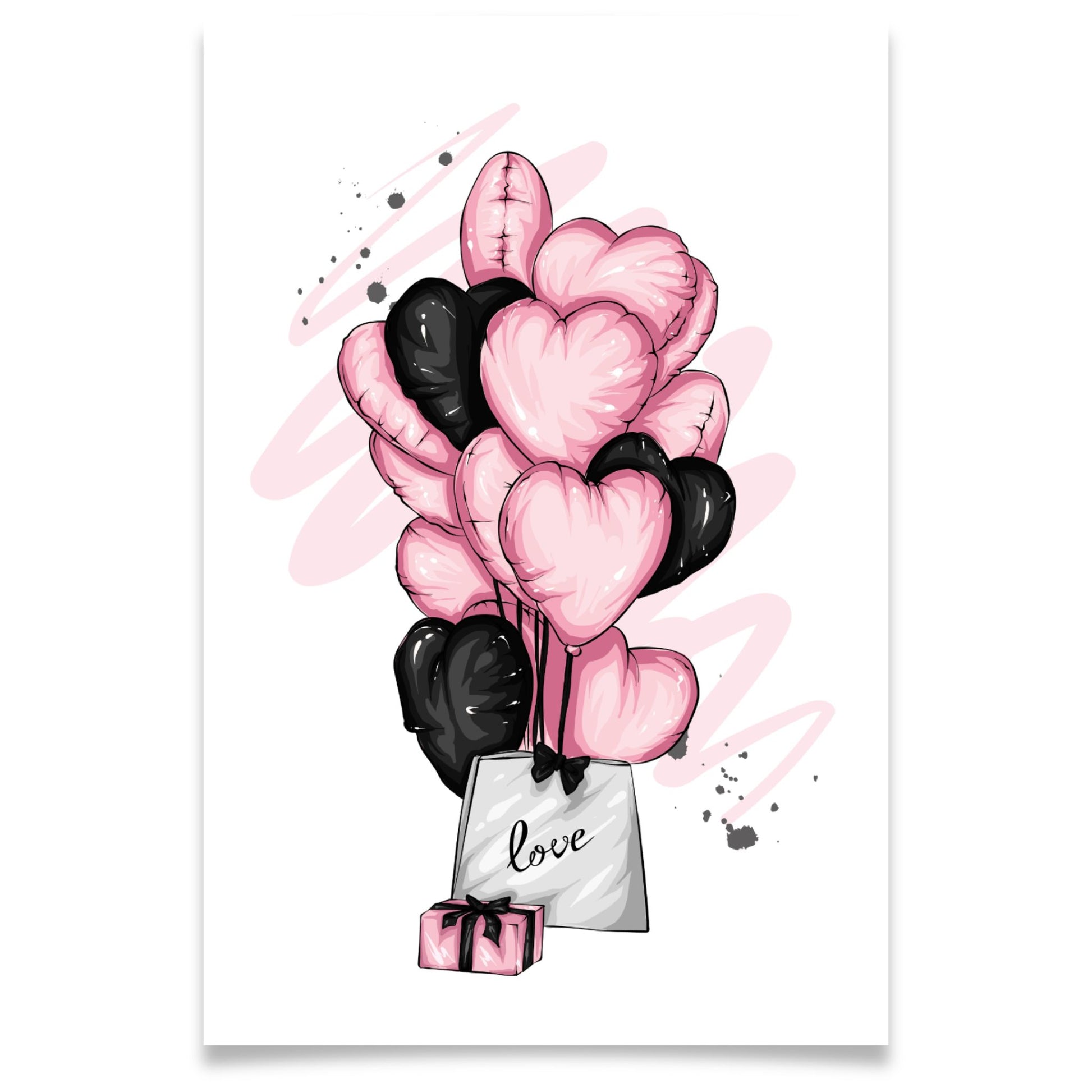 Illustrasjon av valentineskort med rosa og sorte hjerteballonger, gave og pose merket love, moderne og elegant uttrykk.