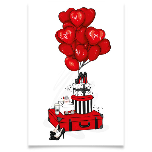 Illustrert valentineskort med røde hjerteballonger, gaver, parfyme og moteelementer i klassisk kjærlighetstema.