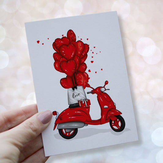 Romantisk valentineskort med rød scooter, røde hjerteballonger, gave og kjærlighetsmotiv i leken og stilfull illustrasjon. Kortet blir holdt i en hånd.