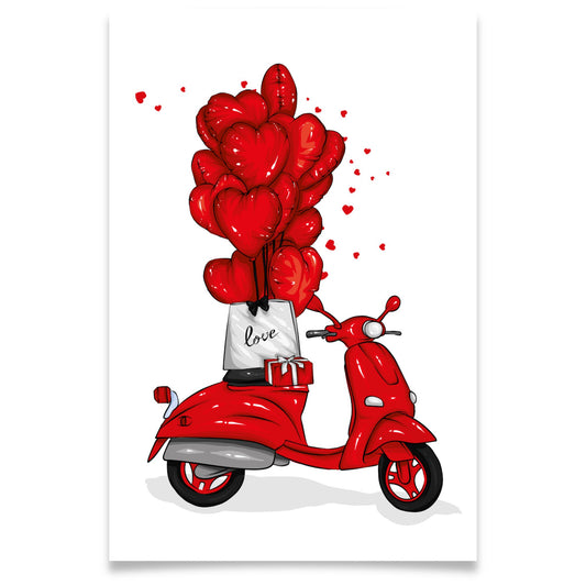 Romantisk valentineskort med rød scooter, røde hjerteballonger, gave og kjærlighetsmotiv i leken og stilfull illustrasjon.