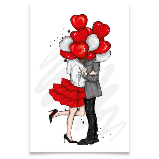 Illustrert valentineskort med kjærestepaar som omfavner hverandre bak røde og hvite hjerteballonger, romantisk og moderne stil.