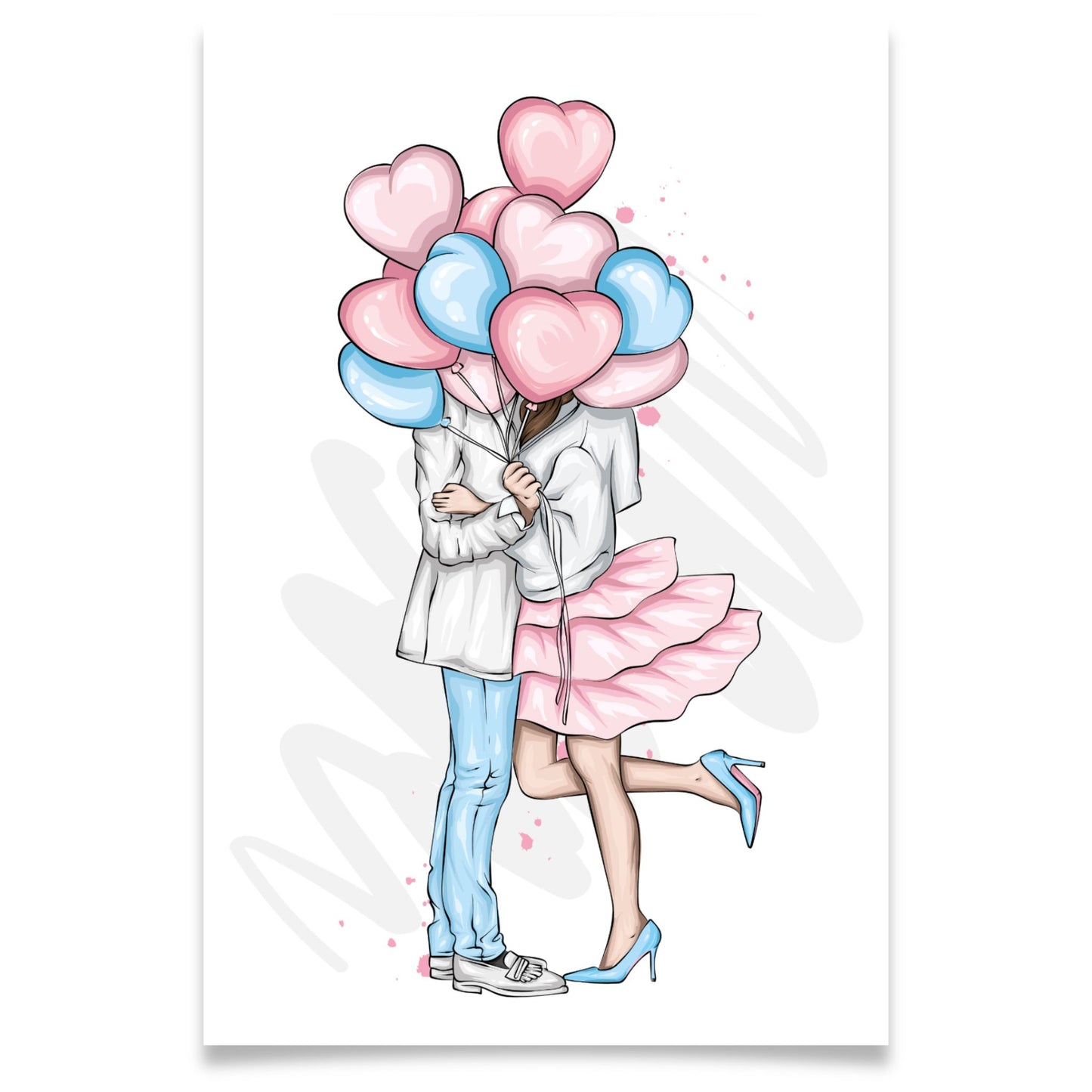 Romantisk valentineskort med kjærestepaar og hjerteballonger i rosa og lyseblå toner, mykt og kjærlighetsfullt uttrykk.
