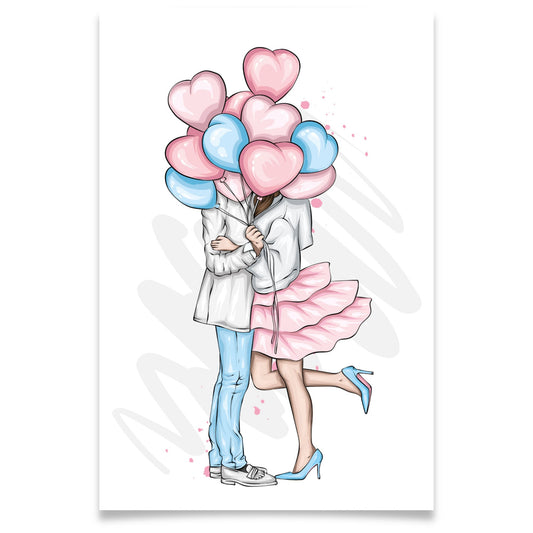 Romantisk valentineskort med kjærestepaar og hjerteballonger i rosa og lyseblå toner, mykt og kjærlighetsfullt uttrykk.