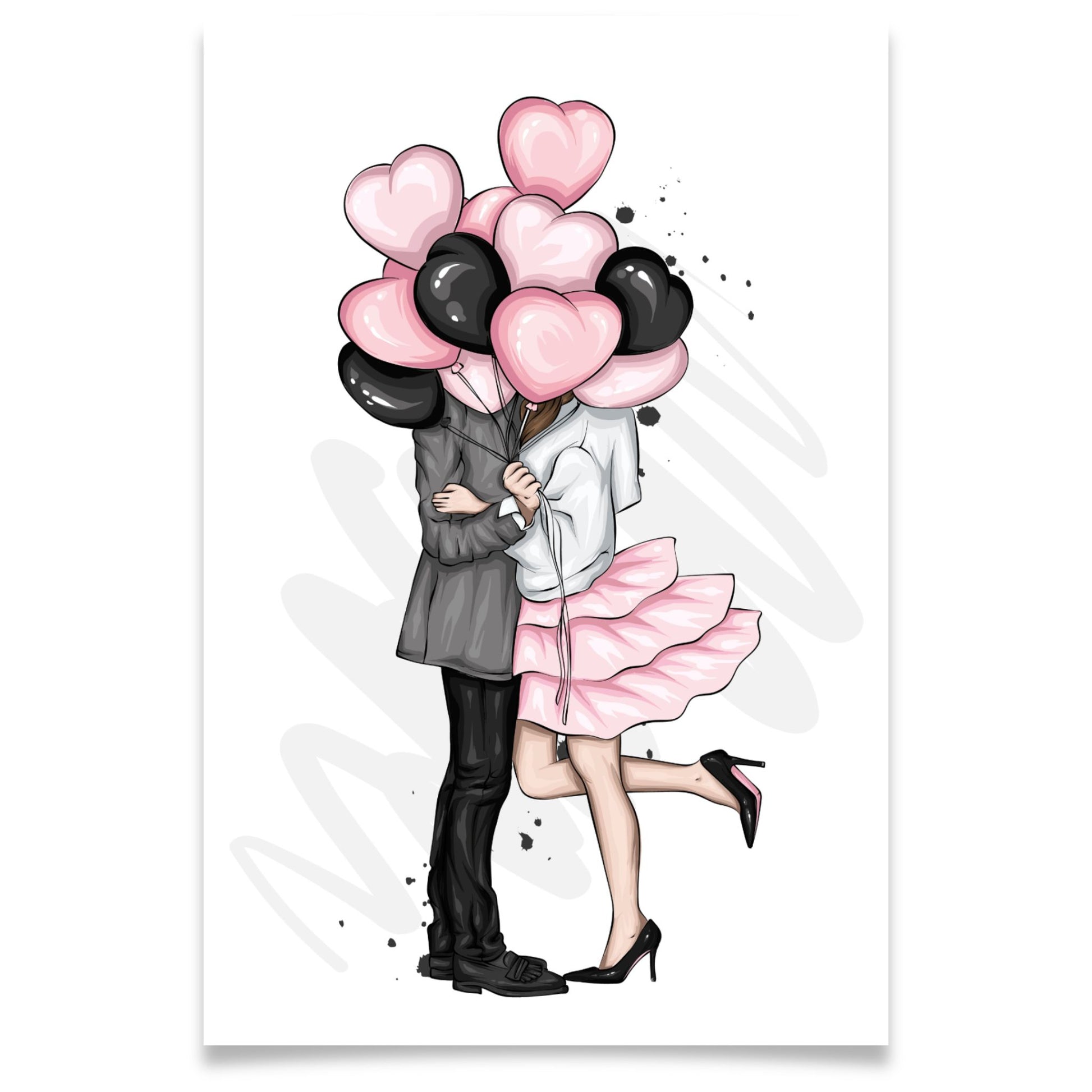 Illustrasjon av kjærestepaar som klemmer hverandre bak rosa og sorte hjerteballonger, elegant valentinesmotiv.