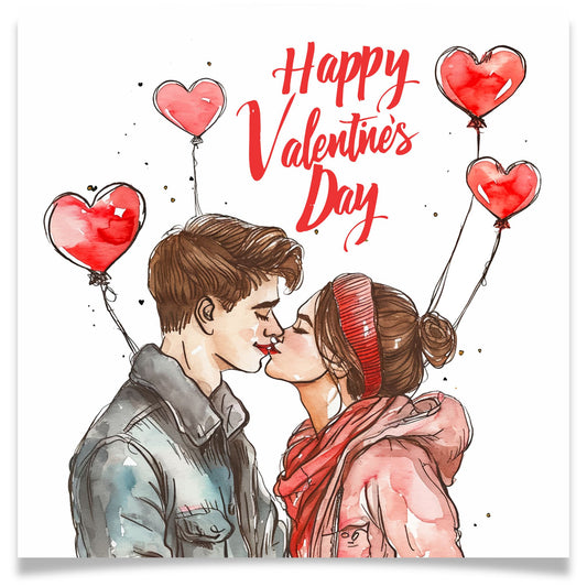 Valentineskort med illustrert par som kysser, røde hjerteballonger og teksten Happy Valentines Day i romantisk akvarellstil.