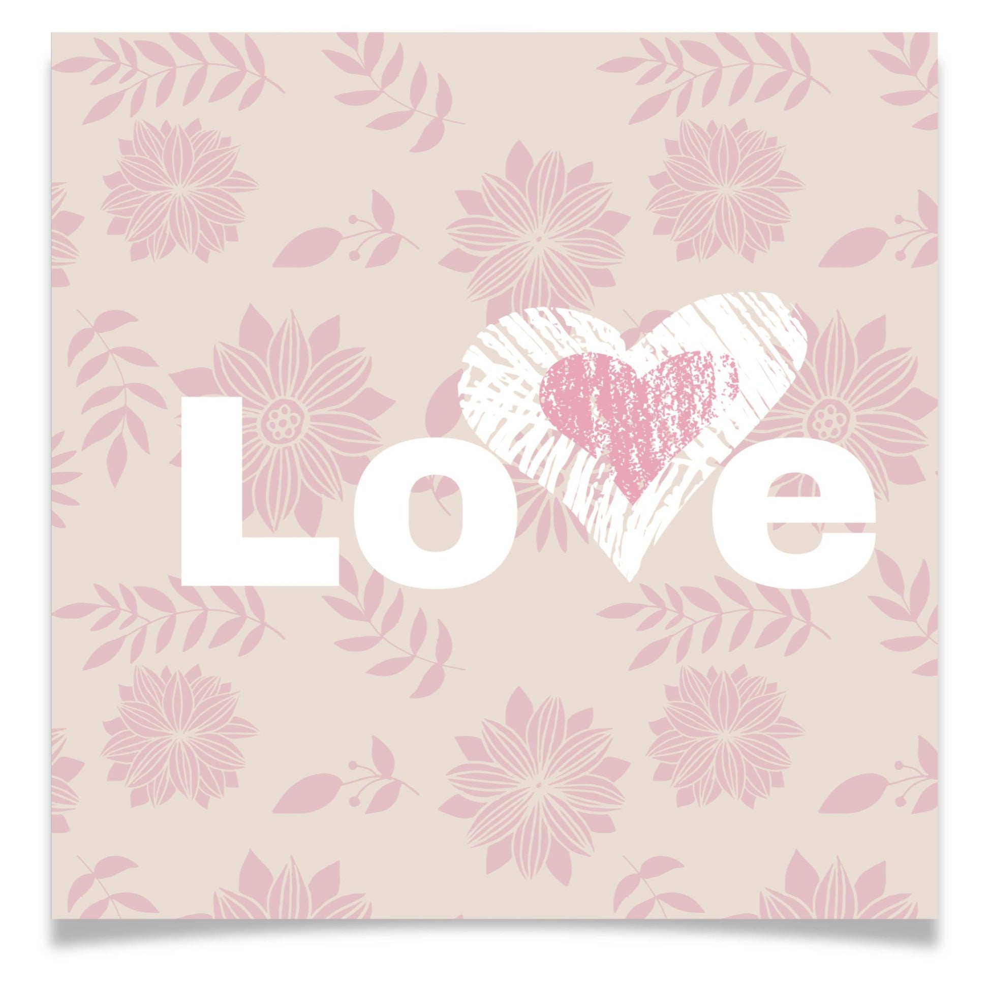 Valentineskort med teksten LOVE, dekorert med håndtegnet hjerte og rosa blomster i et mykt og romantisk design.