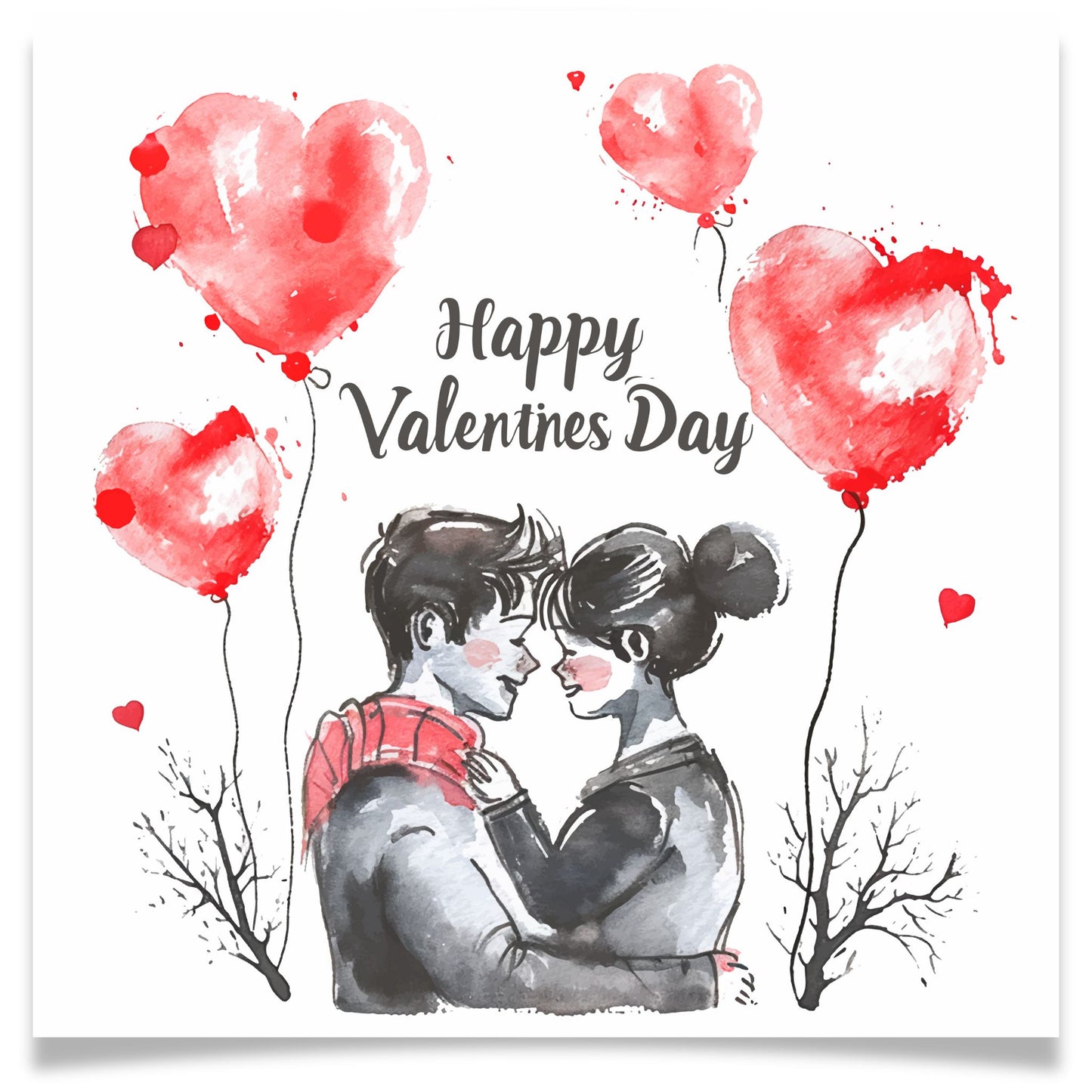 Illustrert valentineskort med ungt par som ser kjærlig på hverandre, røde hjerteballonger og teksten Happy Valentines Day.