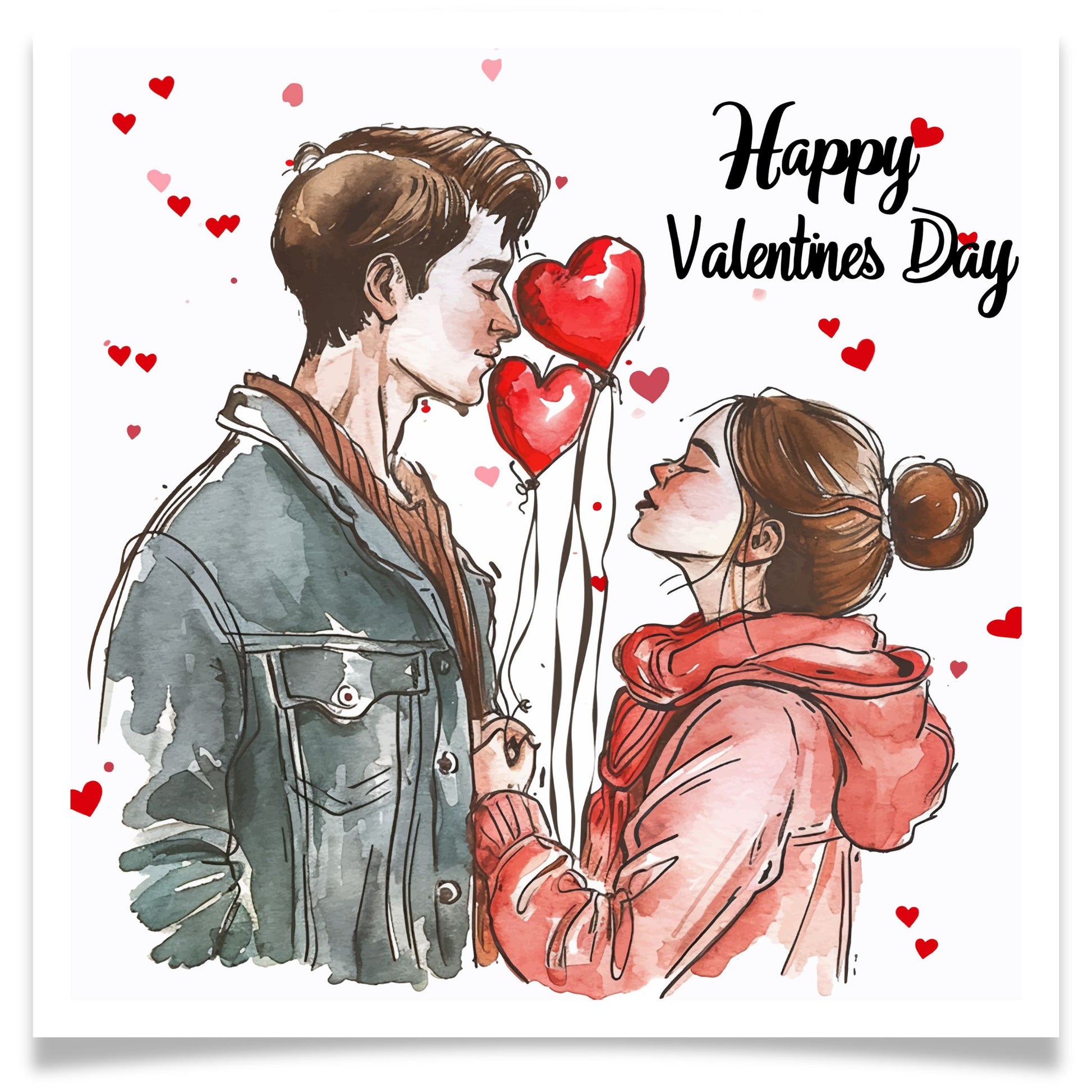 Romantisk valentineskort med par som omfavner hverandre i vinterlig stemning, røde hjerteballonger og håndmalt uttrykk.