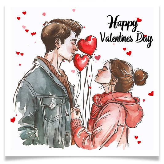 Romantisk valentineskort med par som omfavner hverandre i vinterlig stemning, røde hjerteballonger og håndmalt uttrykk.