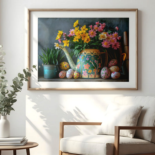 Vårplakat med blomster i vannkanne i lyst nordisk interiør