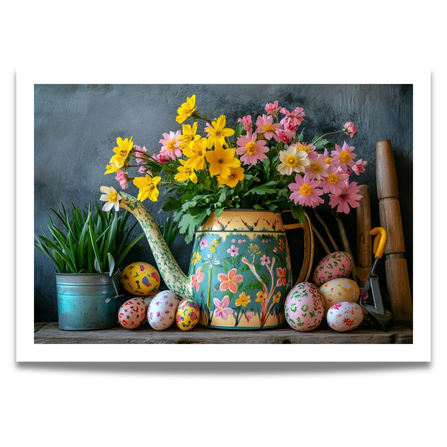Plakat med fargerike vårblomster i vannkanne og dekorerte påskeegg