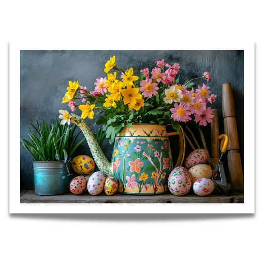 Plakat med fargerike vårblomster i vannkanne og dekorerte påskeegg