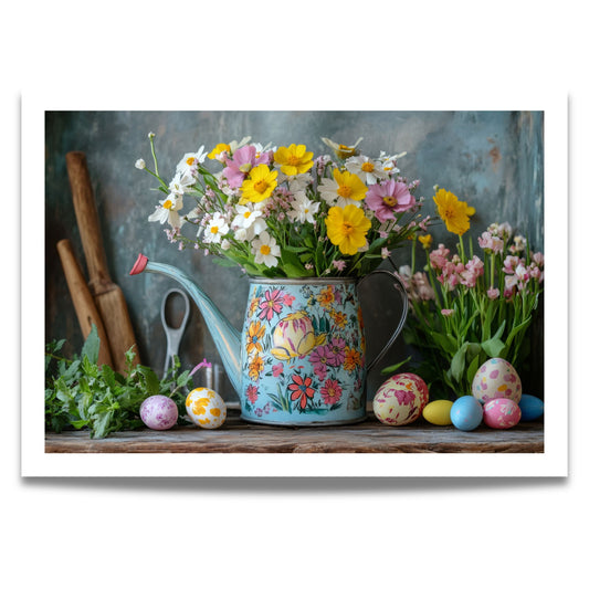 Plakat med blomstrende vannkanne, påskeegg og vårblomster i sterke farger