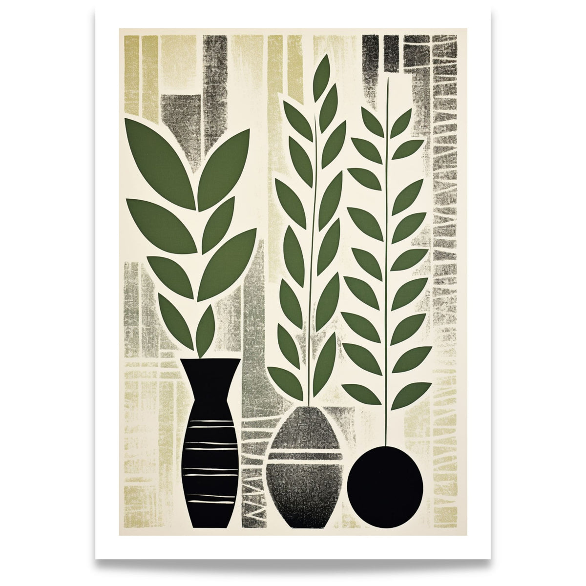 Verdant Grove grafisk plakat med stiliserte grønne planter, vaser og teksturert bakgrunn
