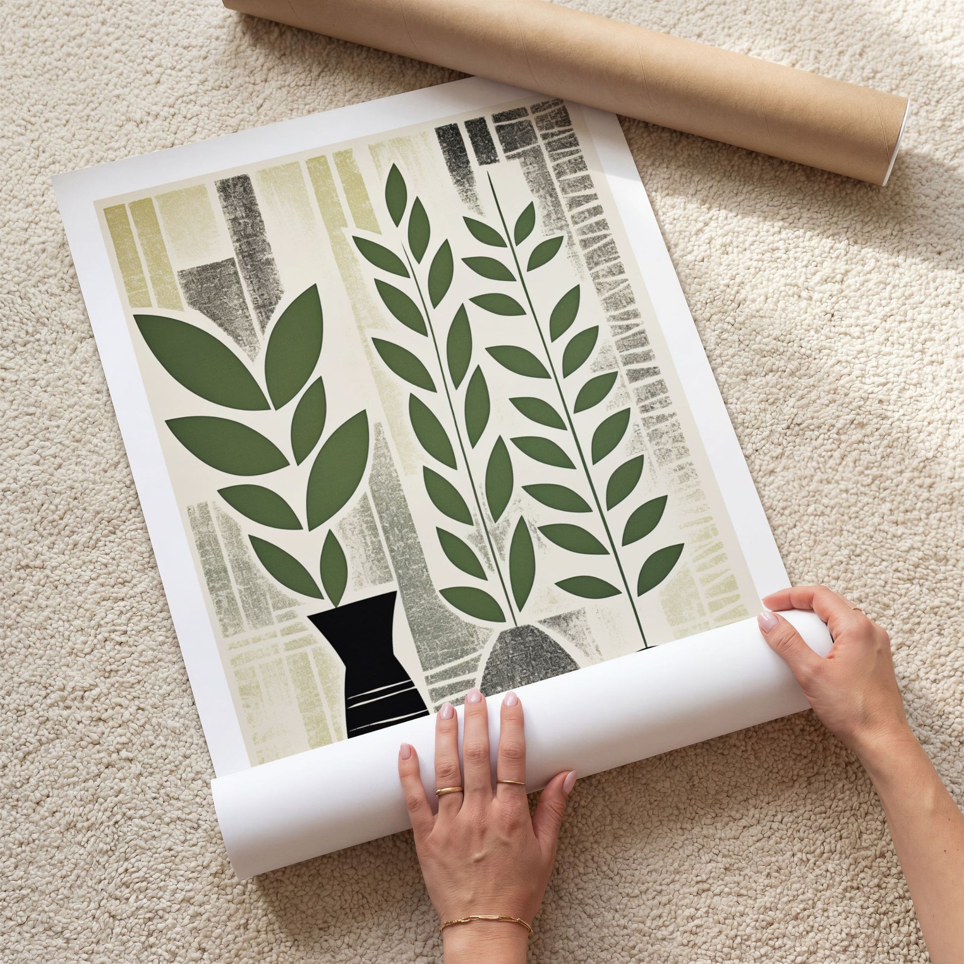 Verdant Grove grafisk plakat med hvit kant vist som kunsttrykk med grønne planter og vaser