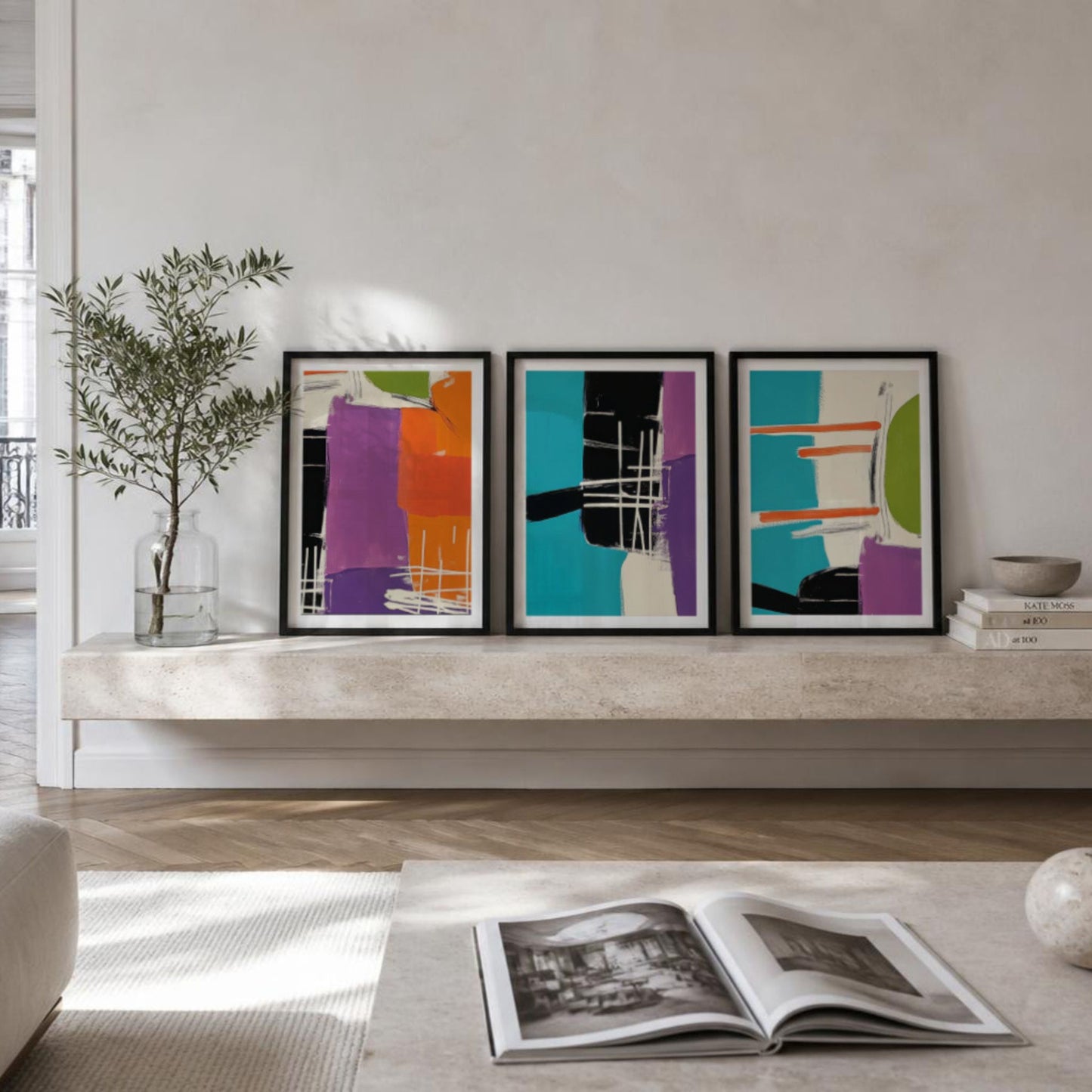 Vibrant Geometric Art Collection som moderne gallerivegg med tre fargerike kunstplakater