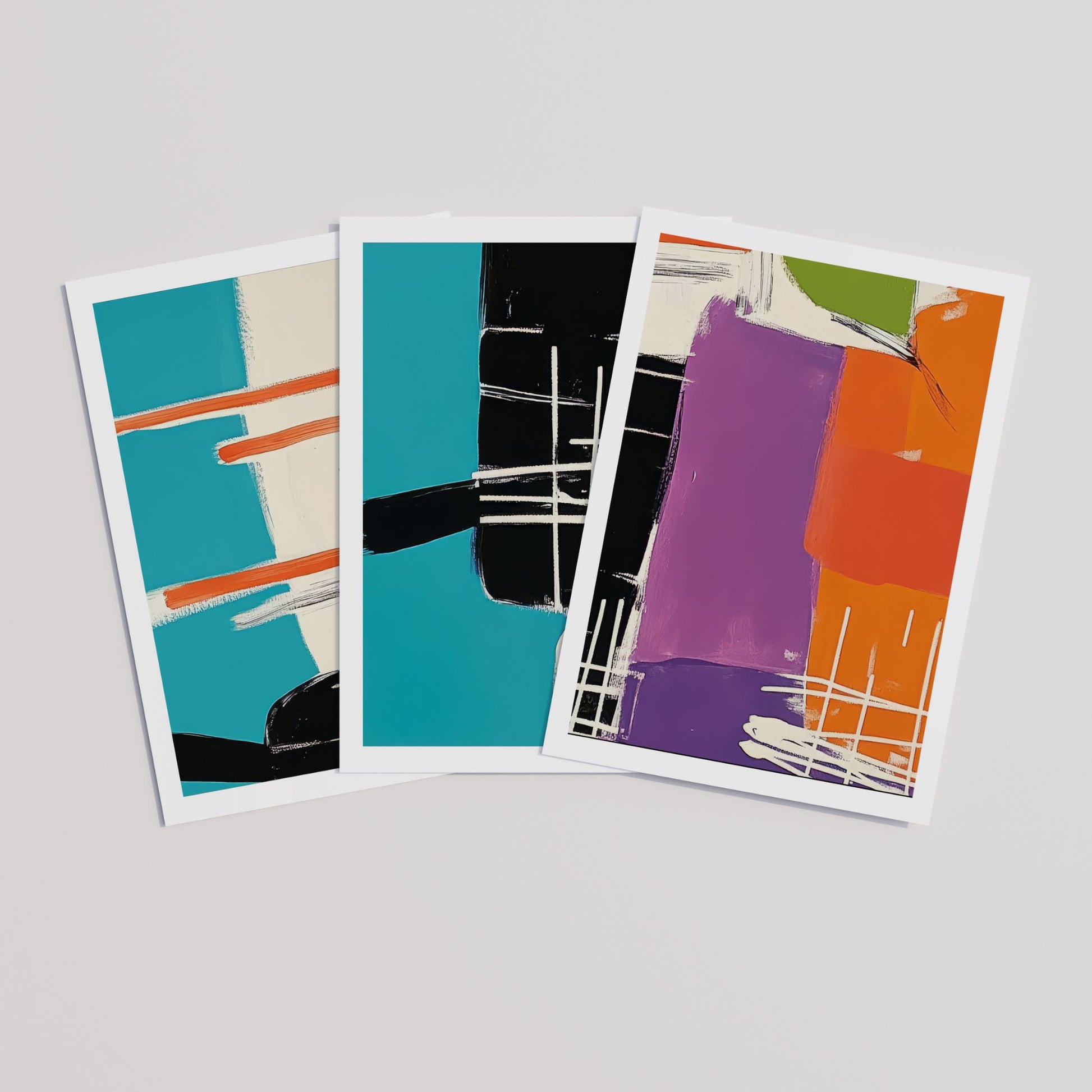 Komplett plakatsett med tre abstrakte motiver fra Vibrant Geometric Art Collection