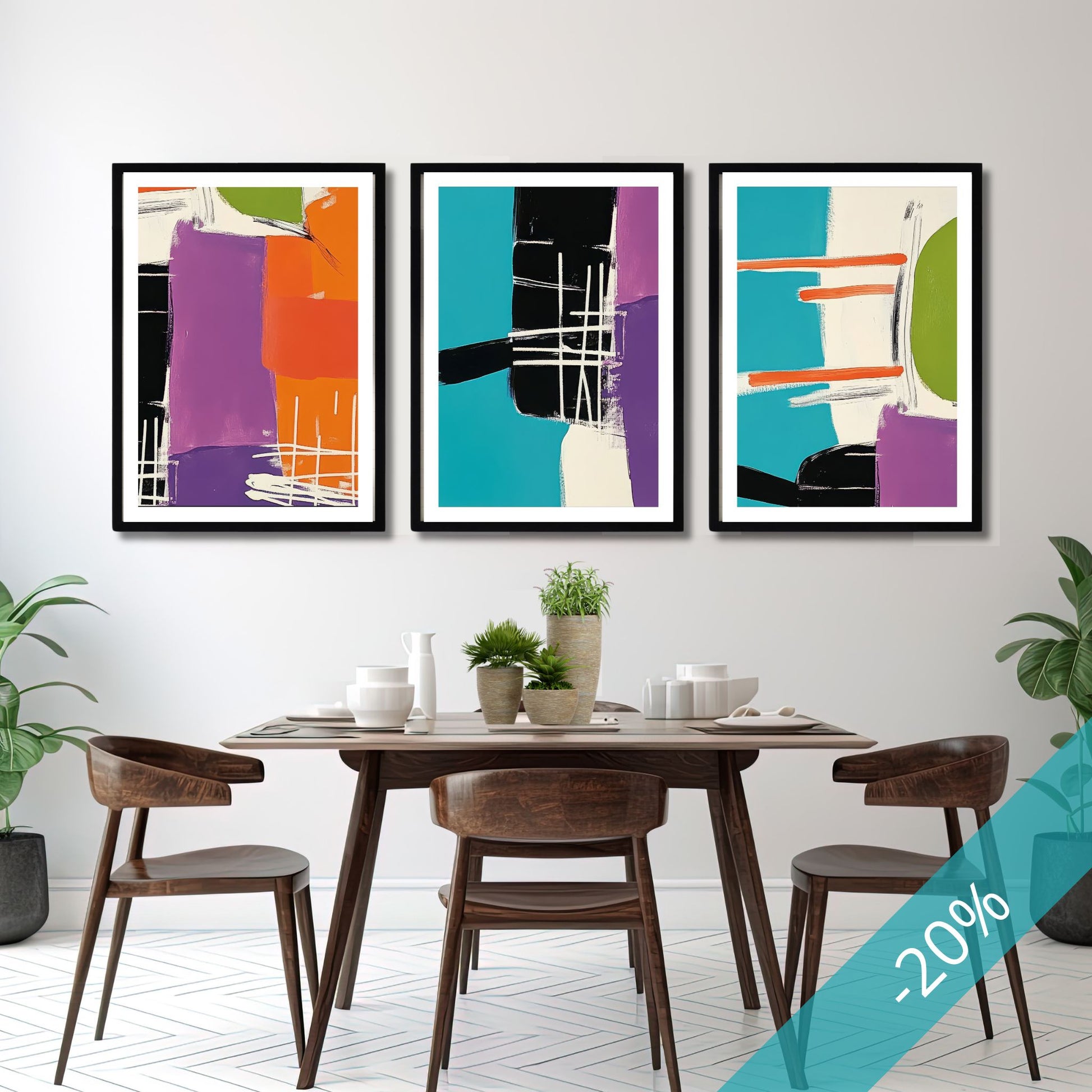 Vibrant Geometric Art Collection med tre fargerike abstrakte plakater på vegg over spisebord