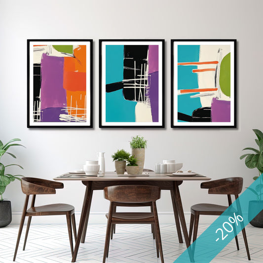 Vibrant Geometric Art Collection med tre fargerike abstrakte plakater på vegg over spisebord