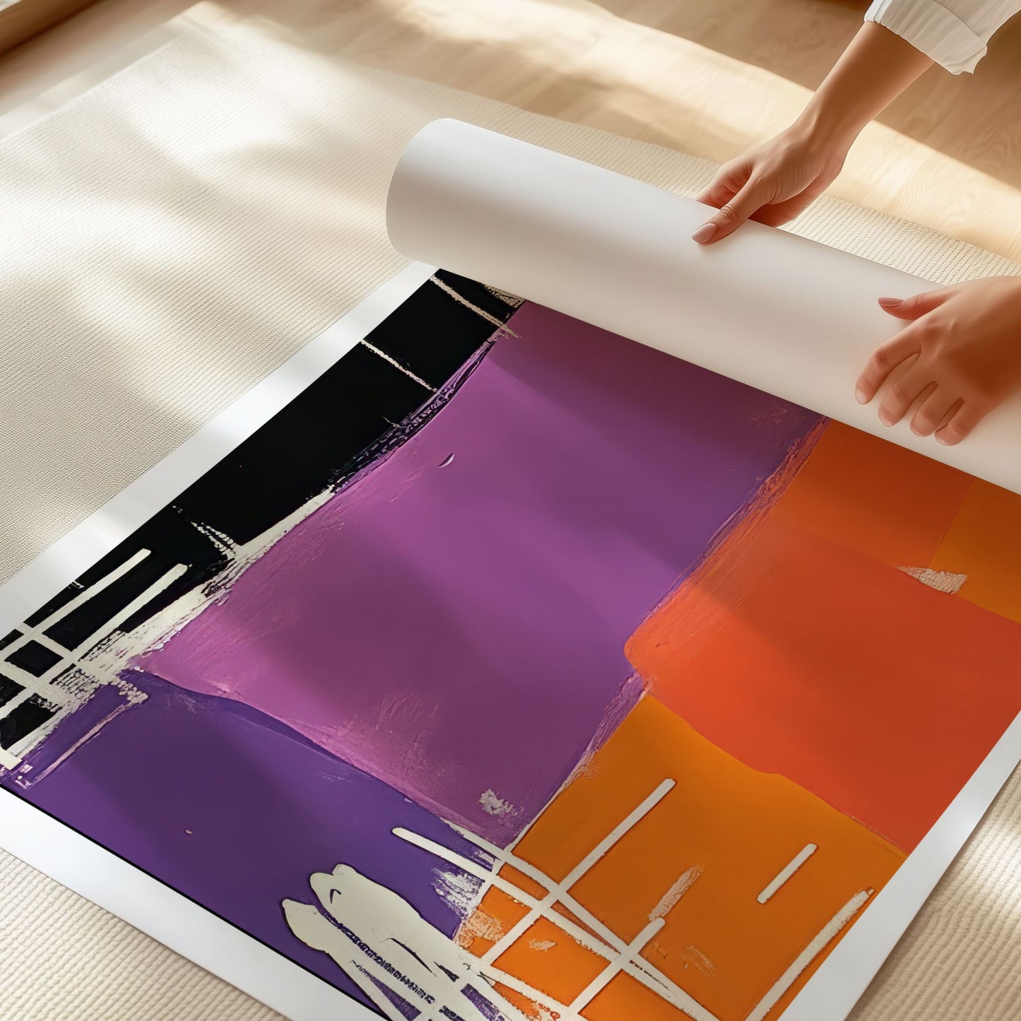 Detaljbilde av abstrakt plakat med lilla og oransje fargeflater og grafiske linjer
