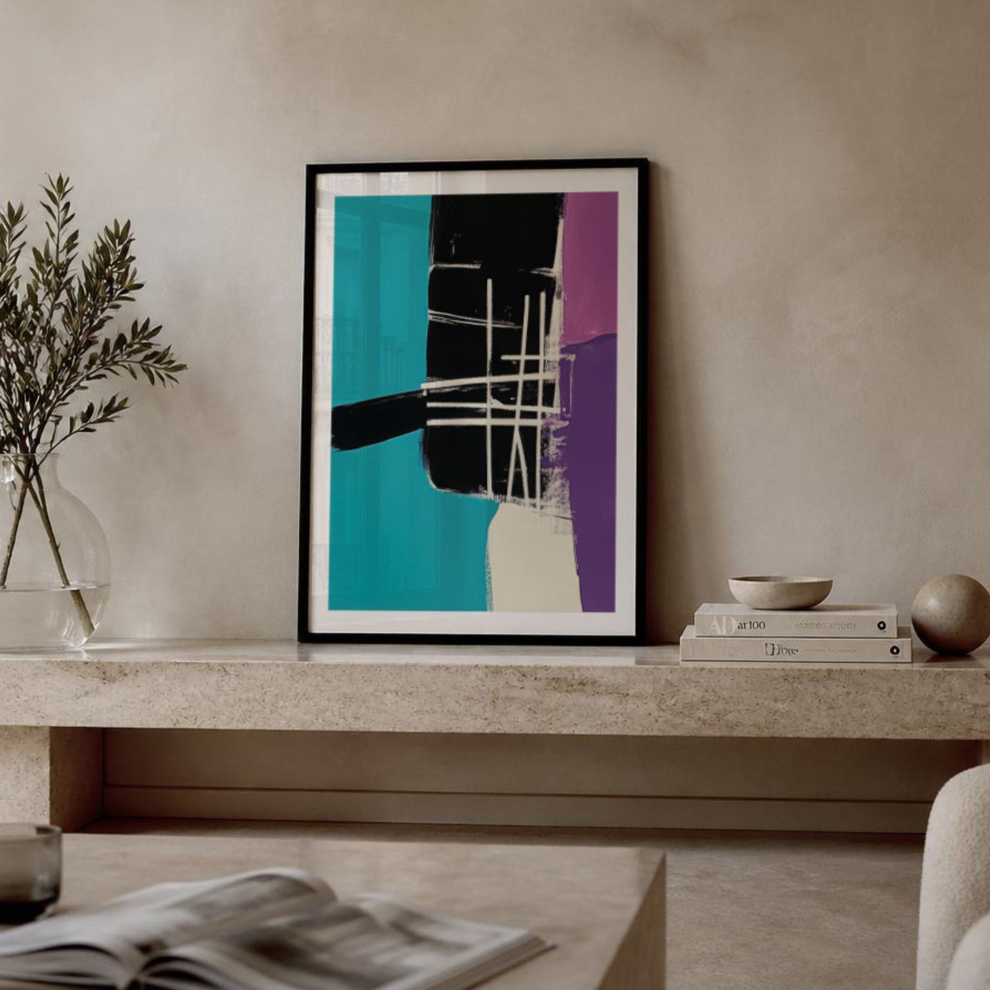 Fargerik abstrakt kunstplakat i stilrent nordisk hjem